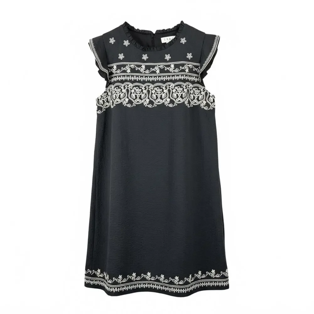 THML Black Embroidered Sleeveless Mini Dress Tunic‎ Ornate Boho Lined Sz Medium